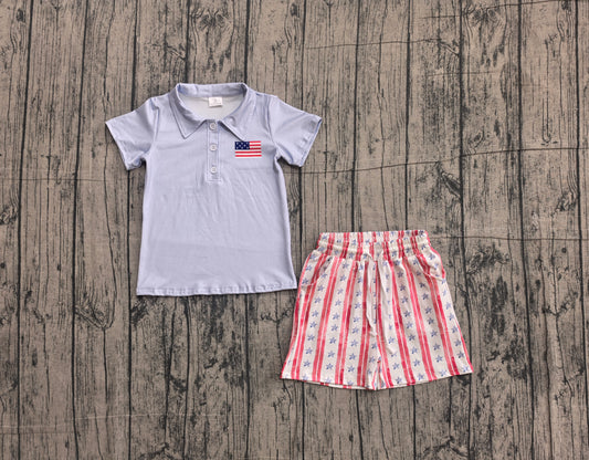 ( No moq ) Preorder Baby Boy Blue Button Flag Shirt Pockets Stars Shorts 4th Of July Set
