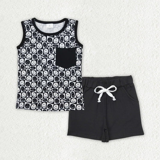 Baby Boy Sleeveless Smiles Shirt Black Pockets Shorts Set RTS