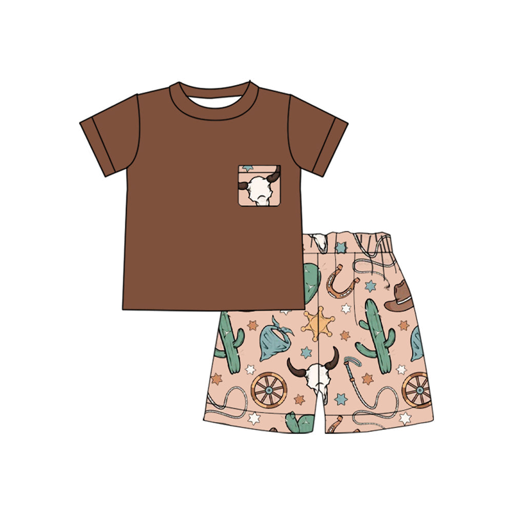 Preorder Baby Boy Brown Short Sleeves Pocket Shirt Western Cow Cactus Shorts Set ( Moq 5 )