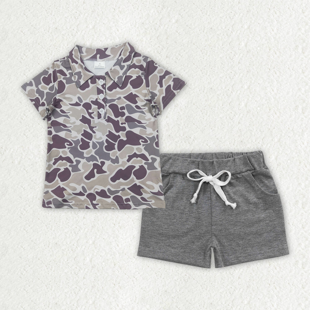 Boys Kids Camo Button Polo Shirt Pockets Shorts Sibling Set Clothes RTS