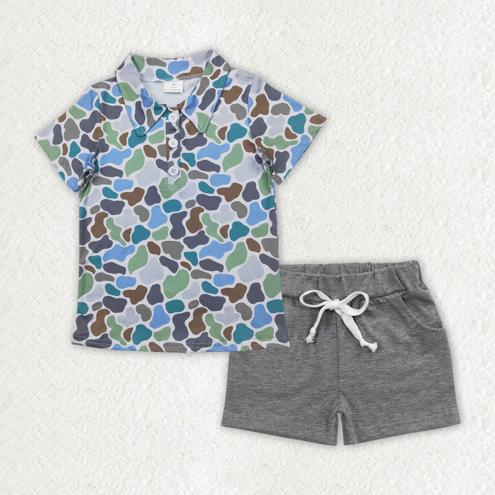 Boys Kids Camo Button Polo Shirt Pockets Shorts Sibling Set Clothes RTS