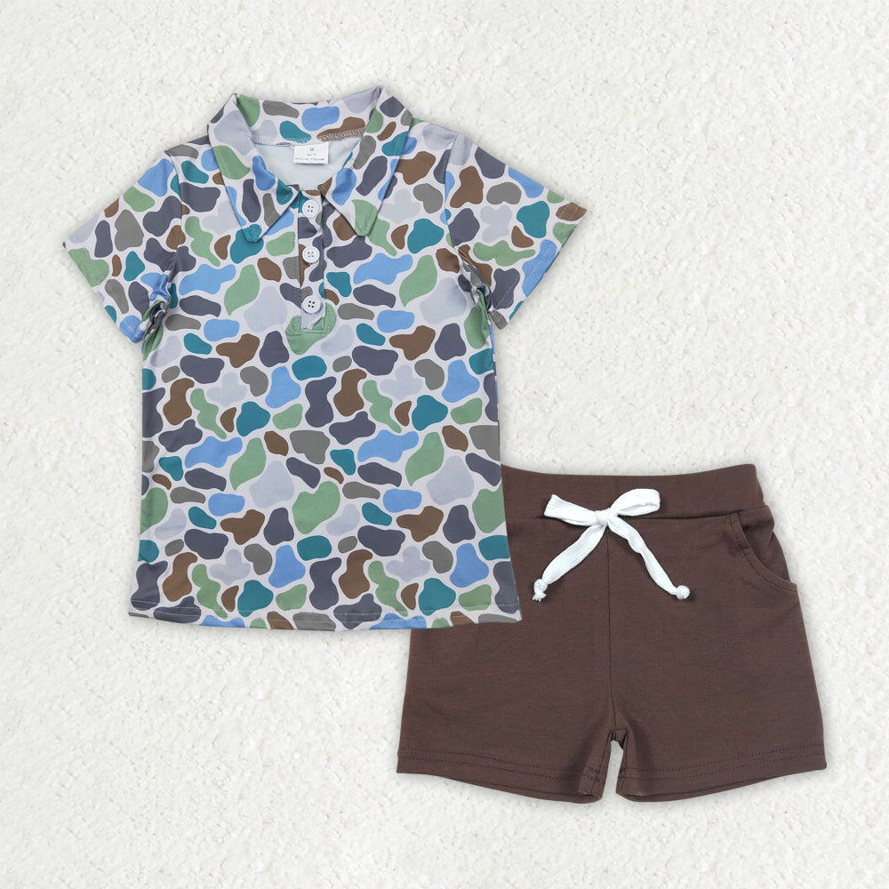 Boys Kids Camo Button Polo Shirt Pockets Shorts Sibling Set Clothes RTS