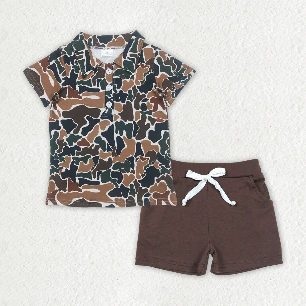 Baby Boy Short Sleeves Camo Buttons Shirt Pockets Brown Shorts Set RTS