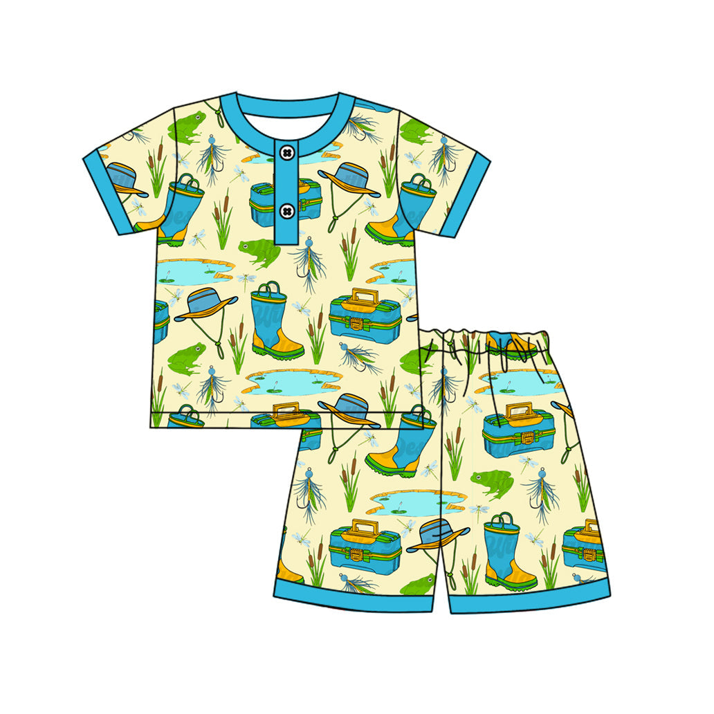 Preorder Baby Boy Short Sleeves Fishing Buttons Shirt Shorts Pajamas Set ( Moq 5 )