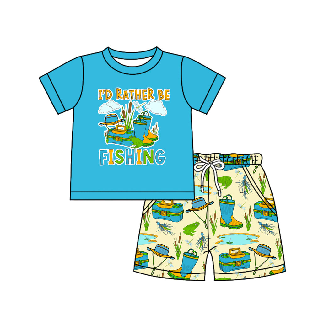Preorder Baby Boy Blue Short Sleeves Fishing Shirt Pockets Shorts Set ( Moq 5 )