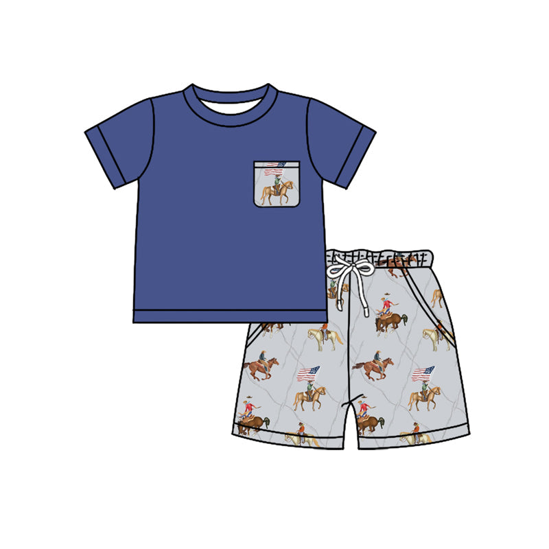 Preorder Baby Boy Blue Short Sleeves Shirt Western Rodeo Pockets Shorts July 4th Set ( Moq 5 )