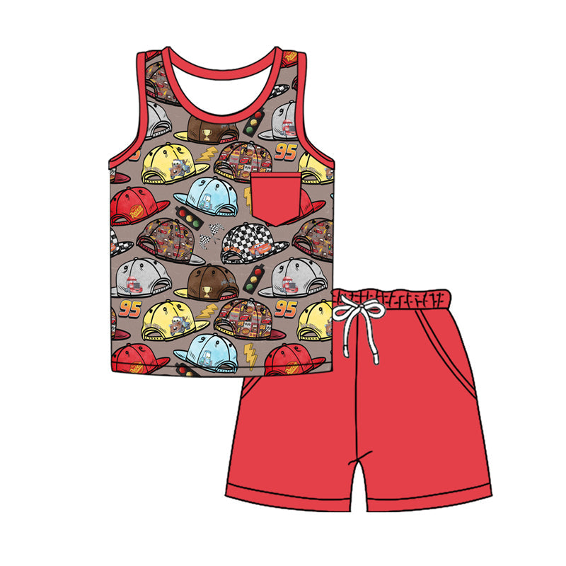 Preorder Baby Boy Sleeveless Cartoon Hats Shirt Red Pockets Shorts Set ( No moq )