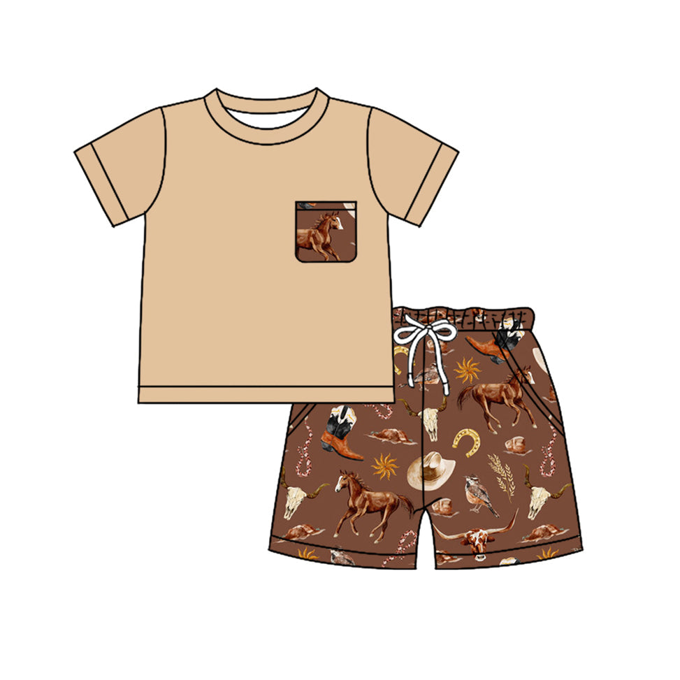 Preorder Baby Boy Khaki Short Sleeves Shirt Pockets Boots Horse Shorts Western Set ( Moq 5 )