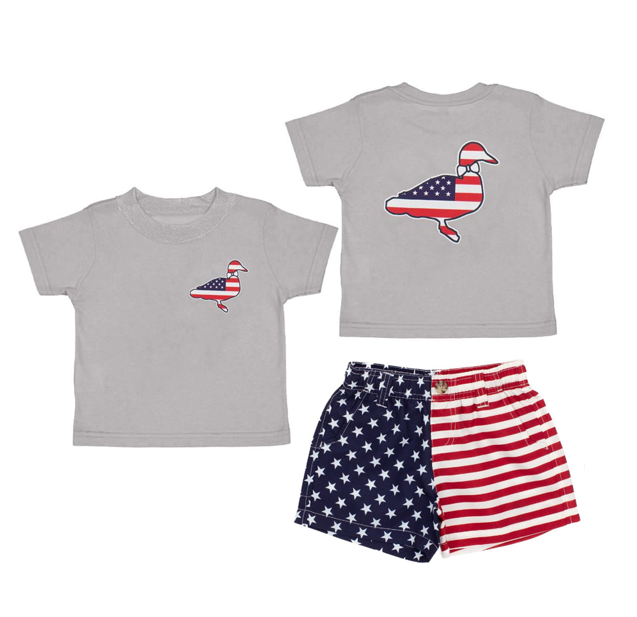 Preorder Baby Boy Gray Short Sleeves Flag Duck Shirt Pockets Shorts 4th Of July Set ( Moq 5 )