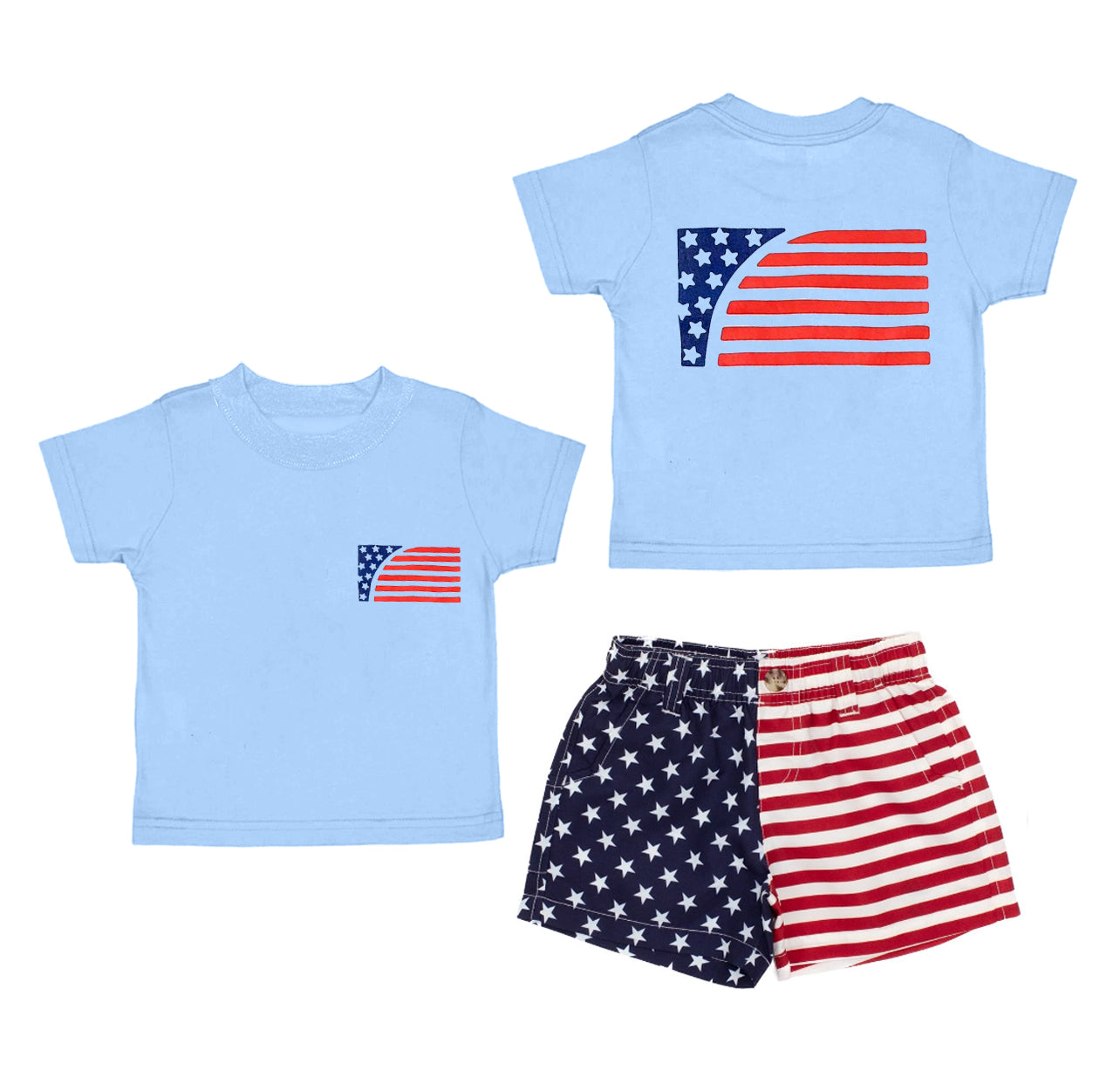 Preorder Baby Boy Blue Short Sleeves Flag Shirt Pockets Shorts 4th Of July Set ( Moq 5 )