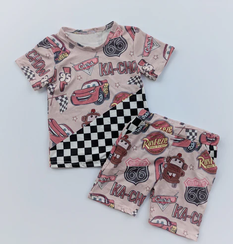 Preorder Baby Boy Short Sleeves Cars Checked Shirt Pockets Shorts Cartoon Set ( Moq 5 )