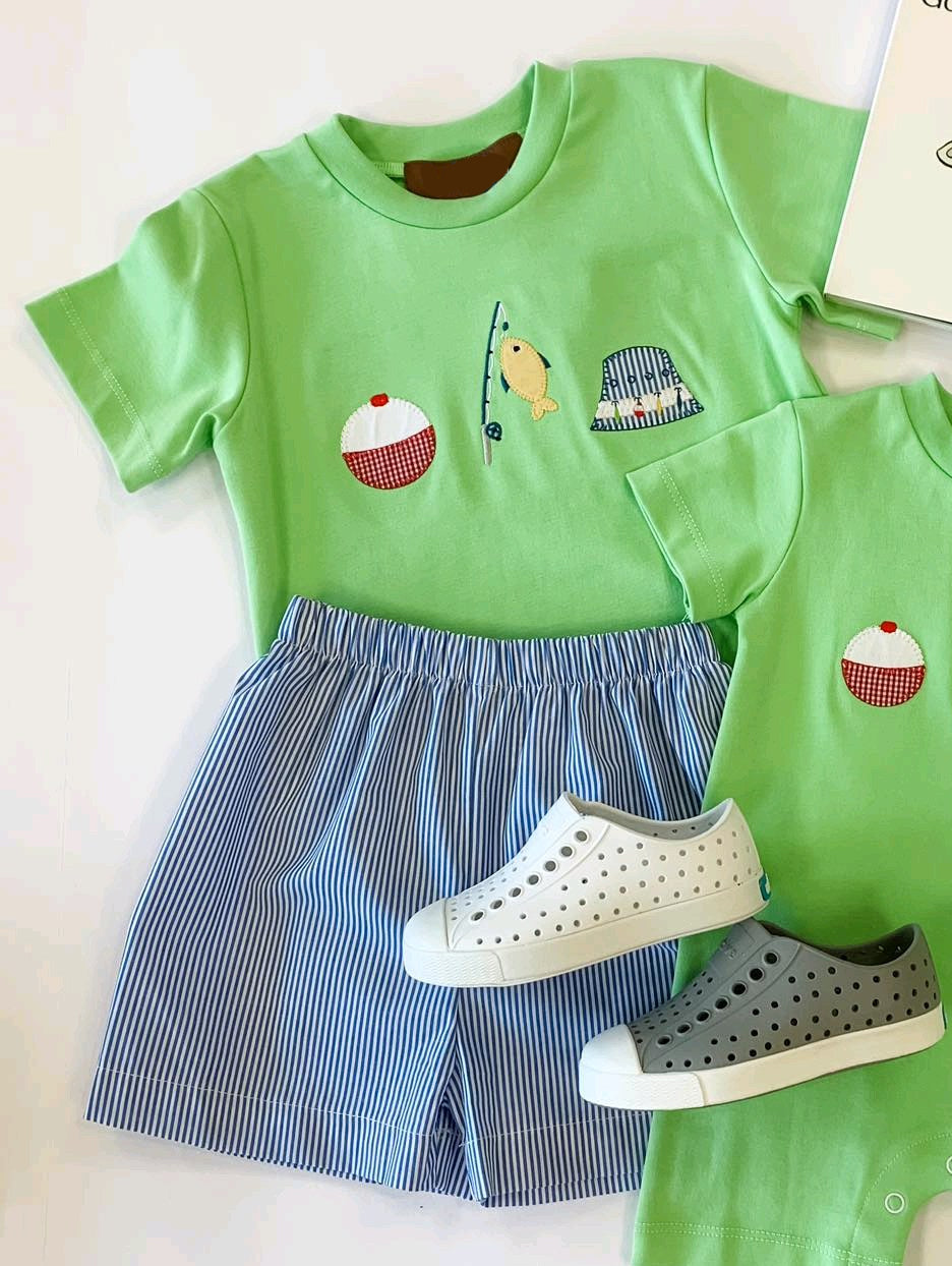Preorder Baby Boy Green Short Sleeves Fishing Shirt Blue Stripes Shorts Set ( Moq 5 )