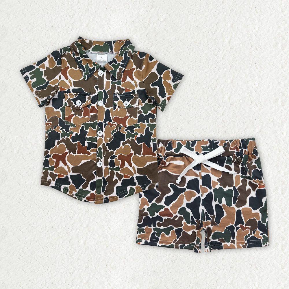 Baby Boy Short Sleeves Camo Pockets Shirt Shorts Brown Set RTS