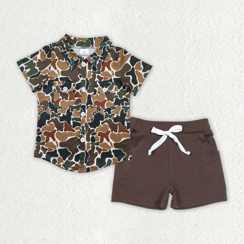 Baby Boy Short Sleeves Brown Camo Pockets Shirt Cotton Shorts Set RTS