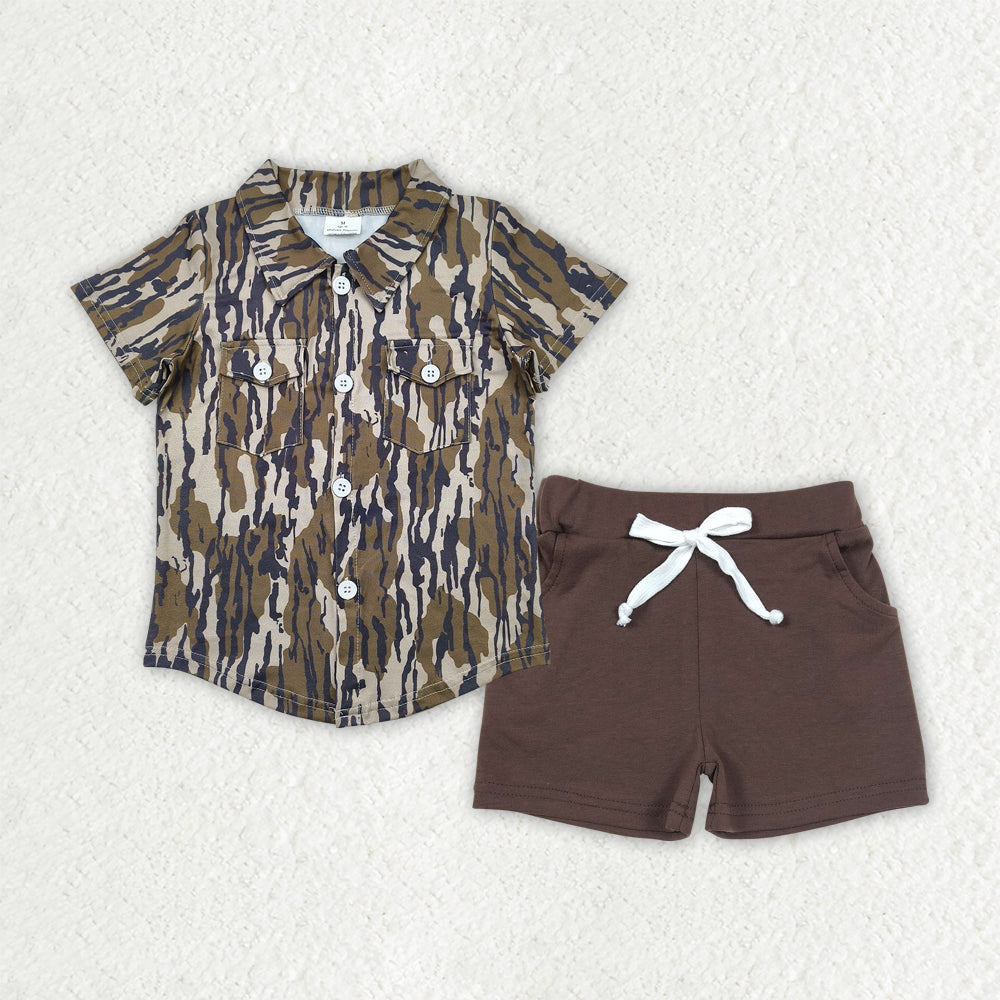 Baby Boy Short Sleeves Camo Pockets Shirt Brown Cotton Shorts Set RTS