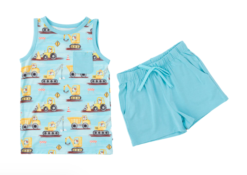 Preorder Baby Boy Sleeveless Construction Trucks Shirt Blue Pockets Shorts Set ( Moq 5 )