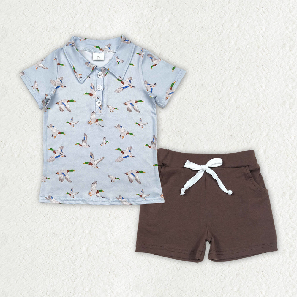 Baby Boy Short Sleeves Buttons Ducks Shirt Pockets Brown Shorts Set RTS
