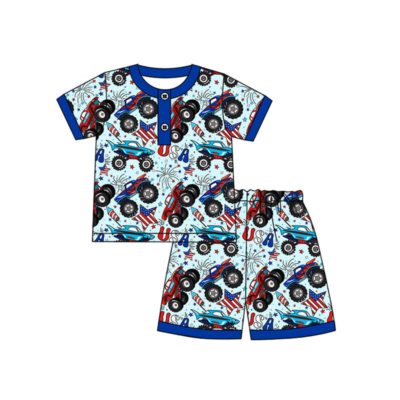 Preorder Baby Boys Short Sleeves Buttons Trucks Shirt Shorts 4th Of July Pajamas Set ( Moq 5 )