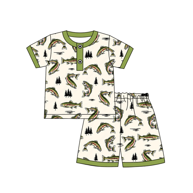 Preorder Baby Boy Short Sleeves Fish Buttons Shirt Shorts Pajamas Set ( Moq 5 )