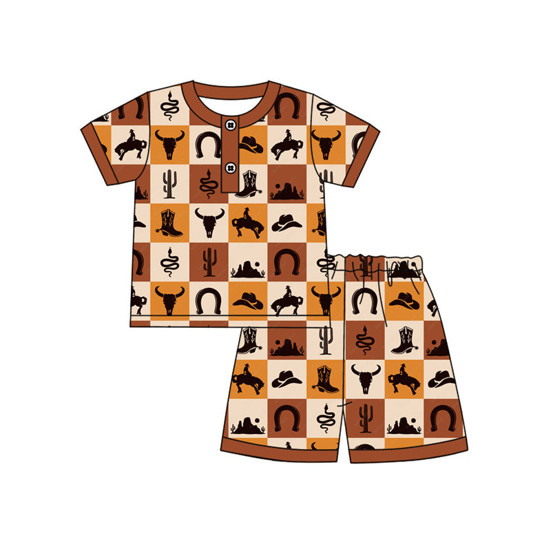 Preorder Baby Boy Short Sleeves Western Cow Boots Buttons Shirt Shorts Pajamas Set ( Moq 5 )