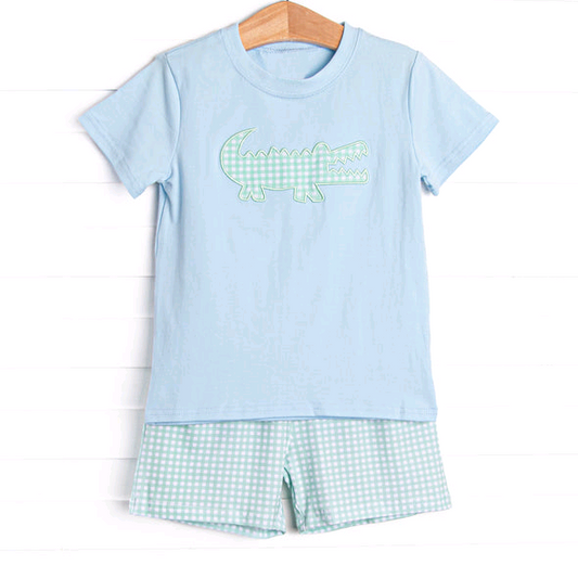 ( Moq 5 ) Preorder Baby Boy Blue Short Sleeves Shirt Plaid Shorts Set