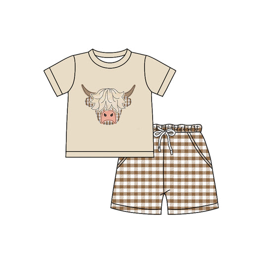 ( Moq 5 ) Preorder Baby Boy Short Sleeves Western Cow Shirt Pockets Plaid Shorts Set