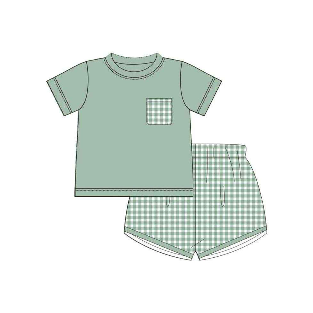 ( Moq 5 ) Preorder Baby Boy Green Short Sleeves Pocket Shirt Plaid Shorts Set