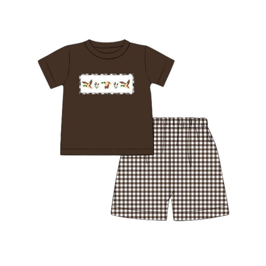 ( Moq 5 ) Preorder Baby Girl Short Sleeves Ducks Brown Shirt Plaid Shorts Set