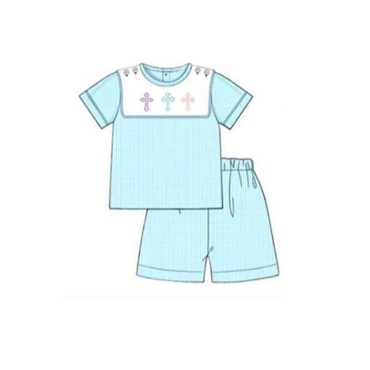 ( Moq 5 )Preorder Boys Kids Short Sleeves Cross Shirt Shorts Easter Blue Set