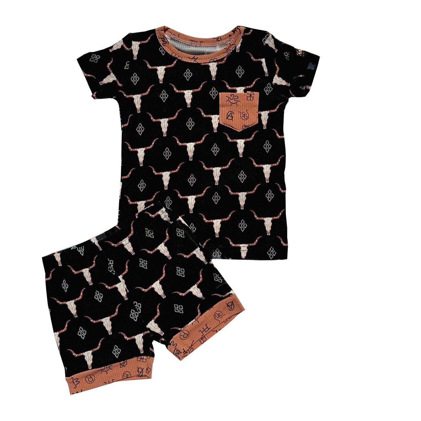 ( Moq 5 ) Preorder Boys Kids Short Sleeves Cow Aztec Pocket Shirt Shorts Western Clothes Set