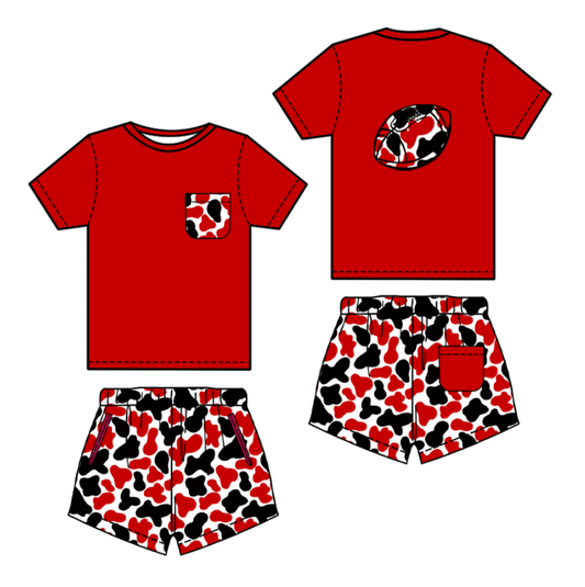 ( Moq 5 ) Preorder Boys Kids Red Short Sleeves Football Shirt Camo Shorts Clothes Set