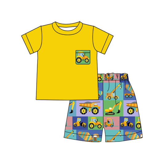 ( Moq 5 ) Preorder Boys Kids Yellow Short Sleeves Shirt Construction Shorts Clothes Set