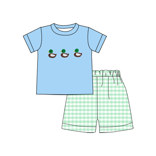 ( Moq 5 ) Preorder Boys Kids Short Sleeves Ducks Shirt Plaid Shorts Set
