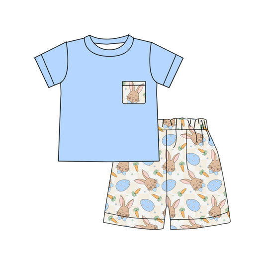 ( Moq 5 ) Preorder Boys Kids Blue Shirt Rabbits Eggs Carrots Shorts Easter Clothes Set