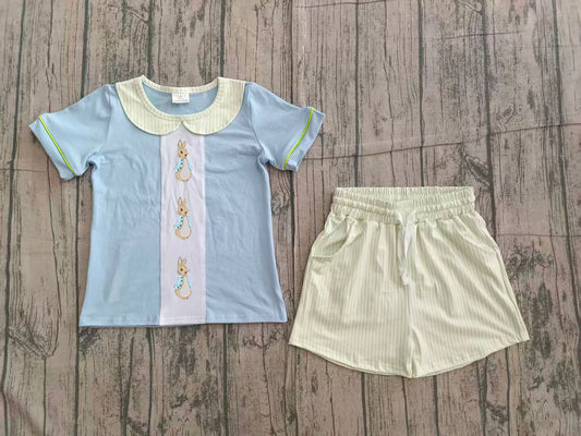 ( No moq ) Preorder Boys Kids Short Sleeves Embroidery Rabbits Shirt Pockets Stripes Shorts Easter Set