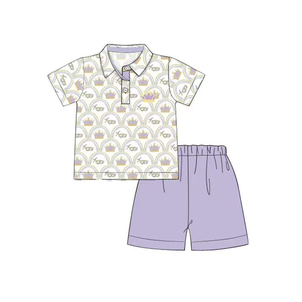 ( Moq 5 ) Preorder Boys Kids Short Sleeves Masks Polo Shirt Purple Shorts Mardi Gras Set