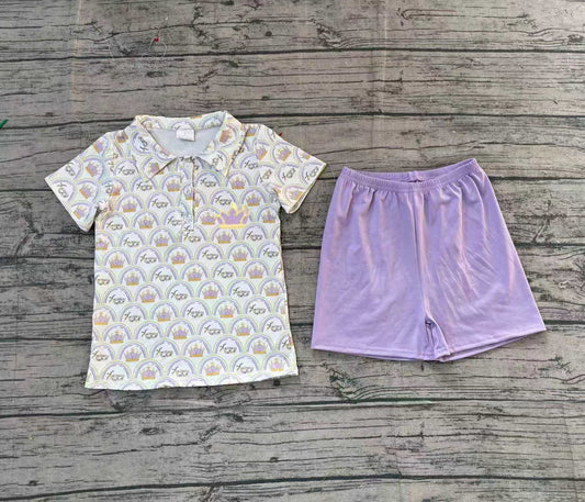 ( No moq ) Preorder Boys Kids Embroidery Masks Polo Shirt Purple Shorts Mardi Gras Set