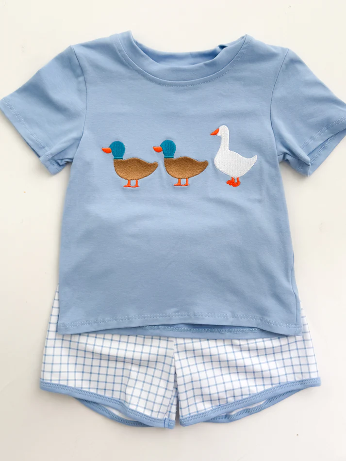 ( Moq 5 ) Preorder Baby Boys Kids Short Sleeves Ducks Shirt Plaid Shorts Outfit Clothes Set