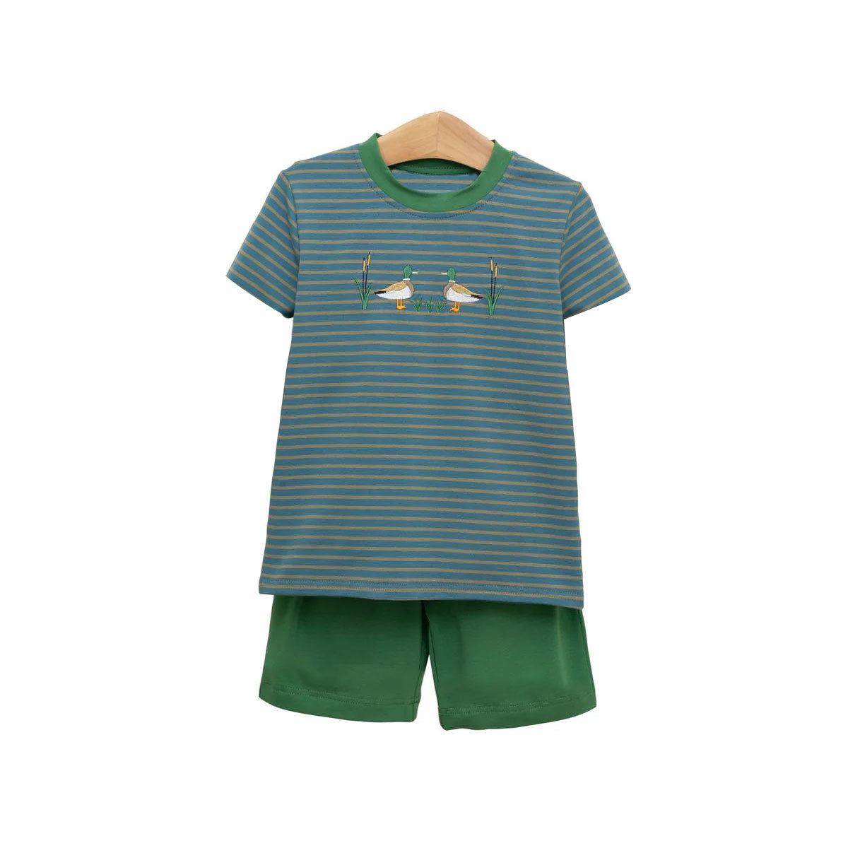 ( Moq 5 ) Preorder Baby Boys Kids Ducks Stripes Shirt Green Shorts Summer Outfit Clothes Set
