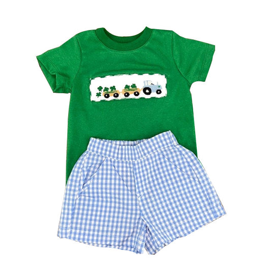 ( Moq 5 ) Preorder Baby Boys Green Short Sleeves Clovers Truck Shirt Plaid Shorts St Patrick Set