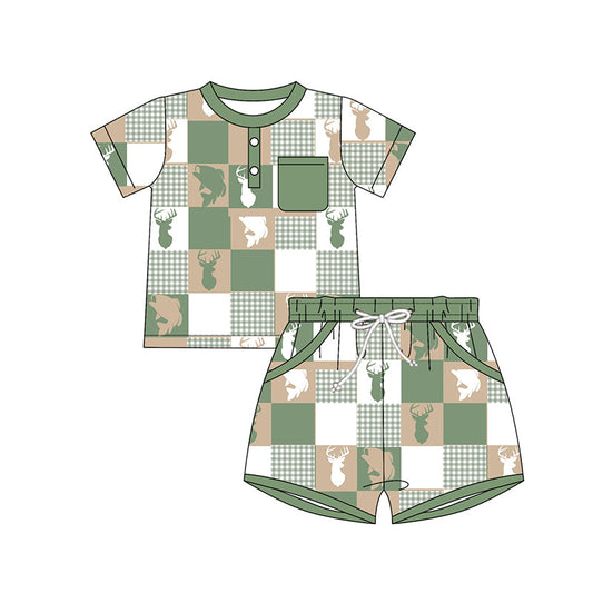 ( Moq 5 ) Preorder Baby Boys Short Sleeves Deer Fish Shirt Pocket Plaid Shorts Hunting Clothes Set