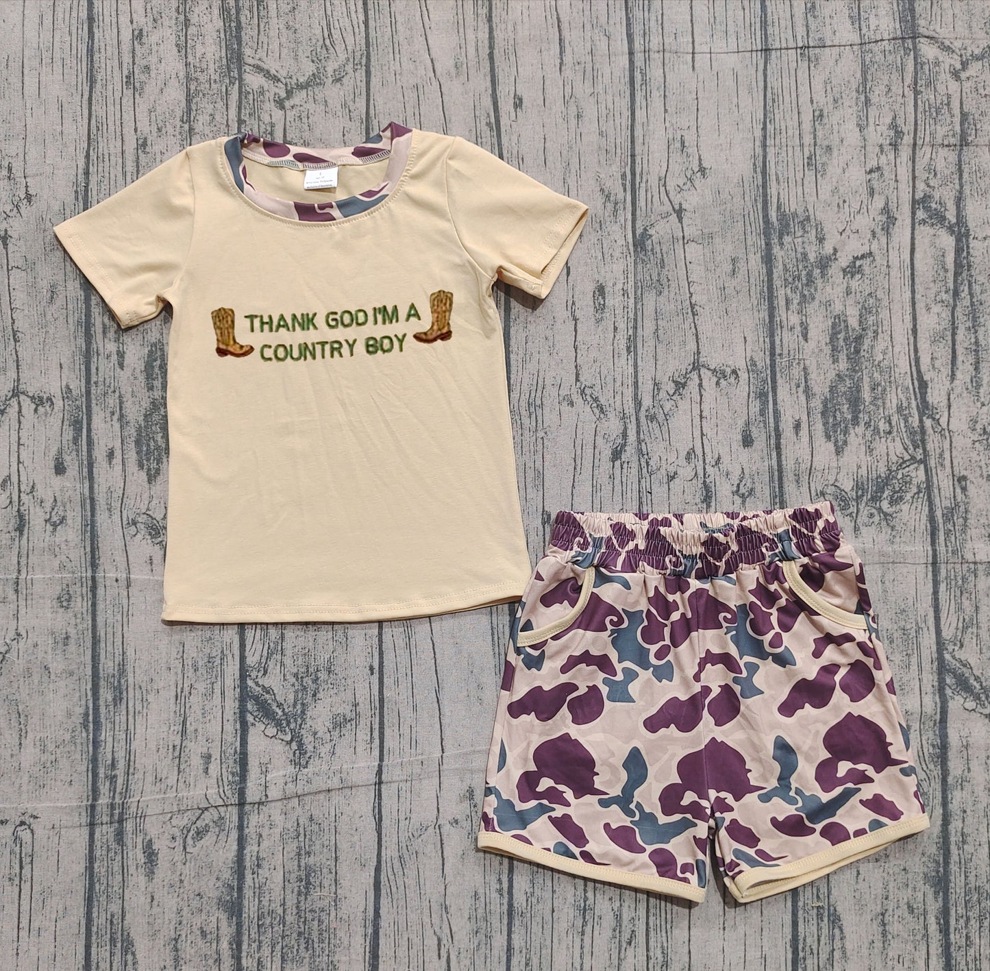 ( No moq ) Preorder Baby Boys Short Sleeves Embroidery Boots Shirt Camo Pockets Shorts Set