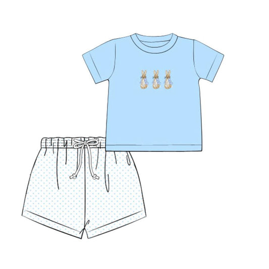 ( Moq 5 ) Preorder Baby Boys Short Sleeves Rabbits Shirt Blue Shorts Easter Clothes Set