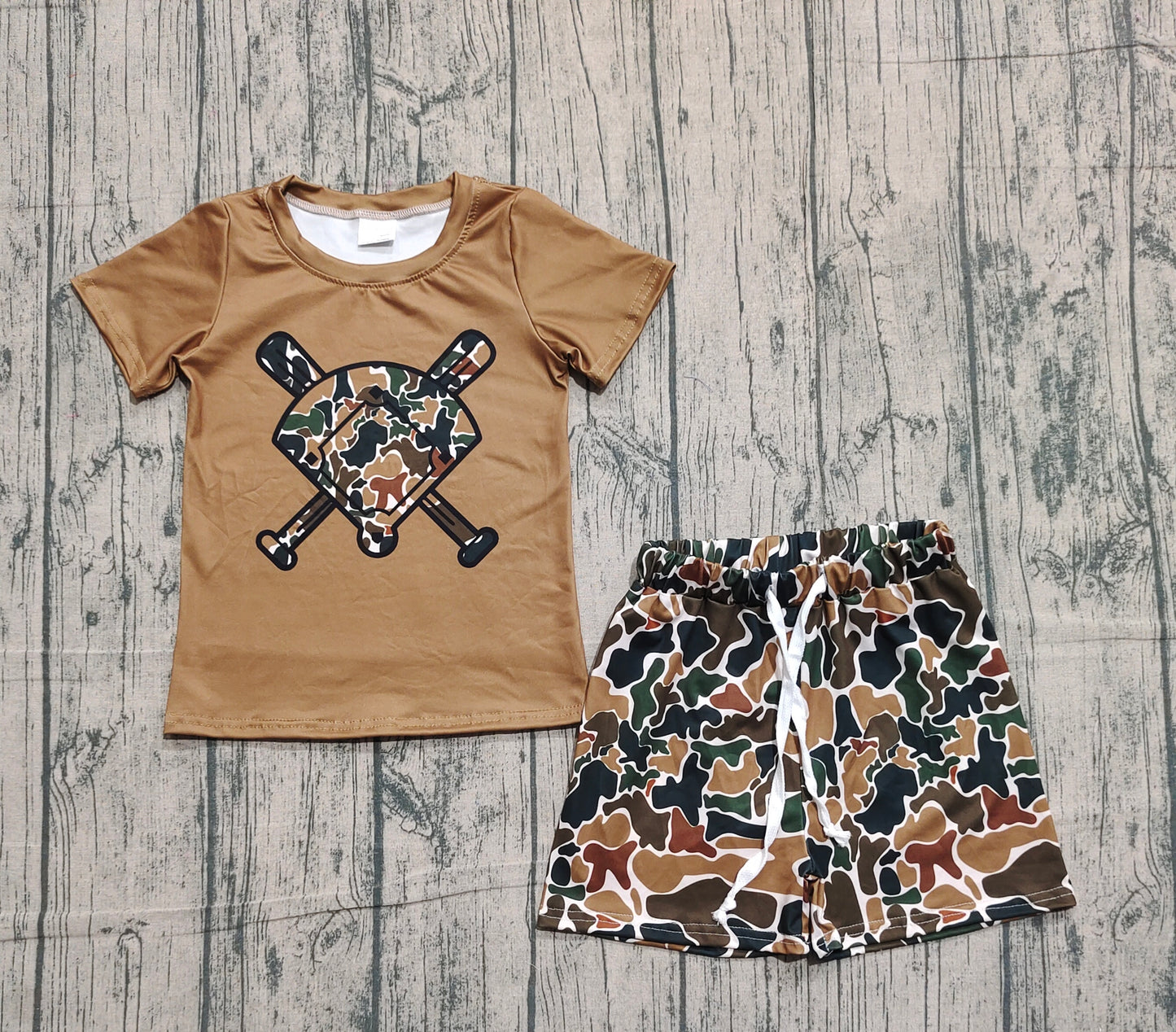(  No moq ) Preorder Baby Boys Short Sleeves Baseball Shirt Brown Camo Shorts Team Clothes Set