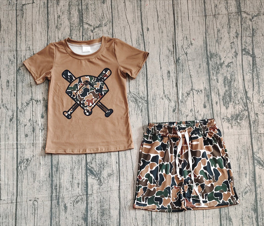 ( No moq ) Preorder Baby Boys Short Sleeves Baseball Shirt Brown Camo Shorts Team Clothes Set