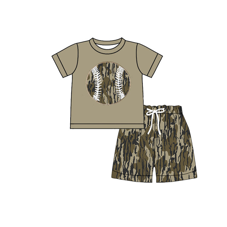 ( Moq 5 ) Baby Boys Short Sleeves Baseball Shirt Green Orange Camo Shorts Clothes Set