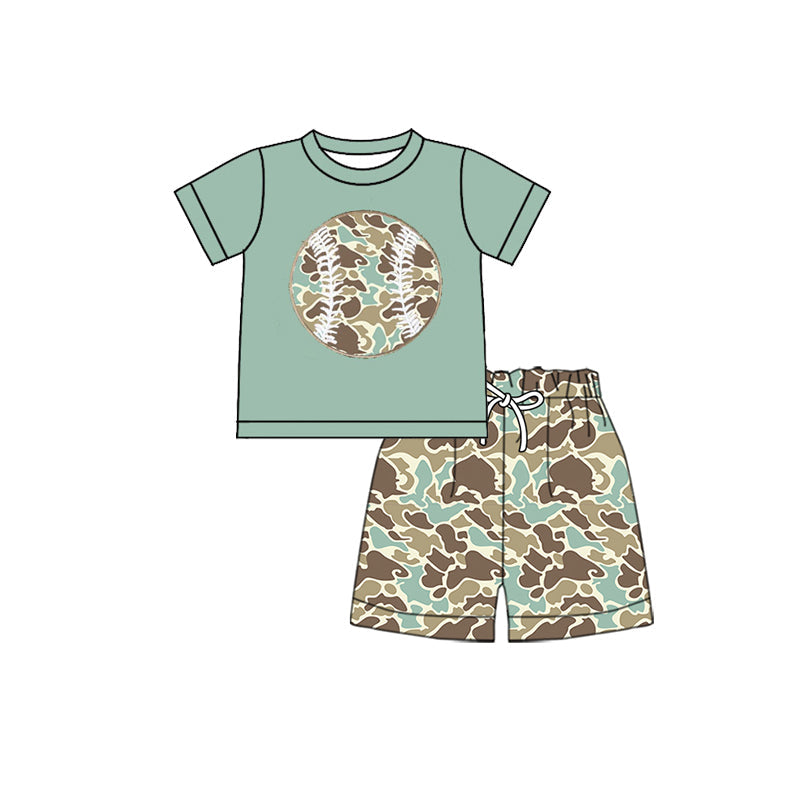 ( Moq 5 ) Baby Boys Green Short Sleeves Baseball Shirt Camo Shorts Clothes Set