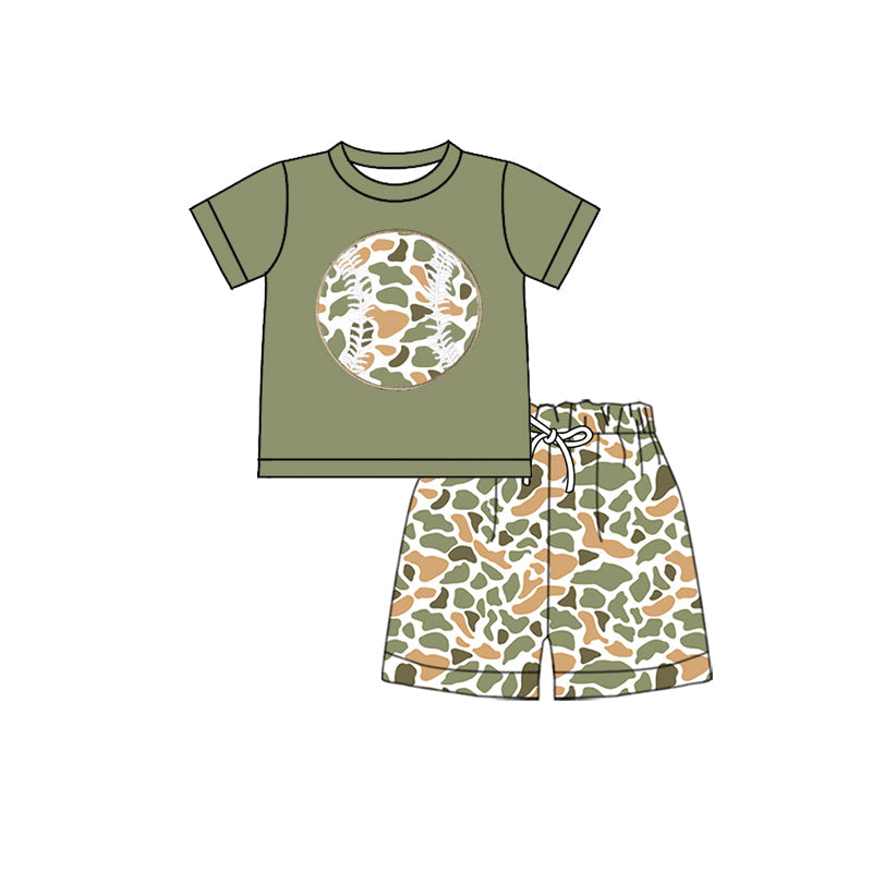 ( Moq 5 ) Baby Boys Short Sleeves Baseball Shirt Green Orange Camo Shorts Clothes Set