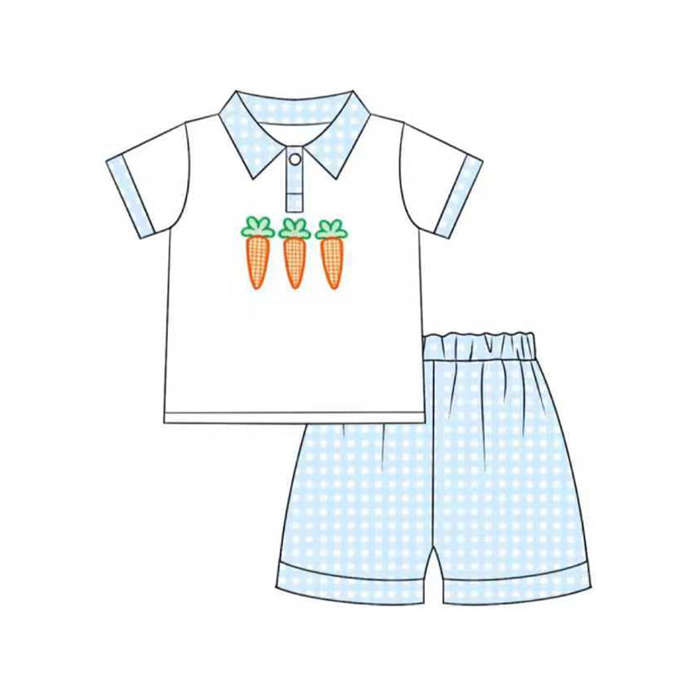 ( Moq 5 ) Preorder Baby Boys Short Sleeves Carrots Buttons Shirt Blue Plaid Shorts Easter Set
