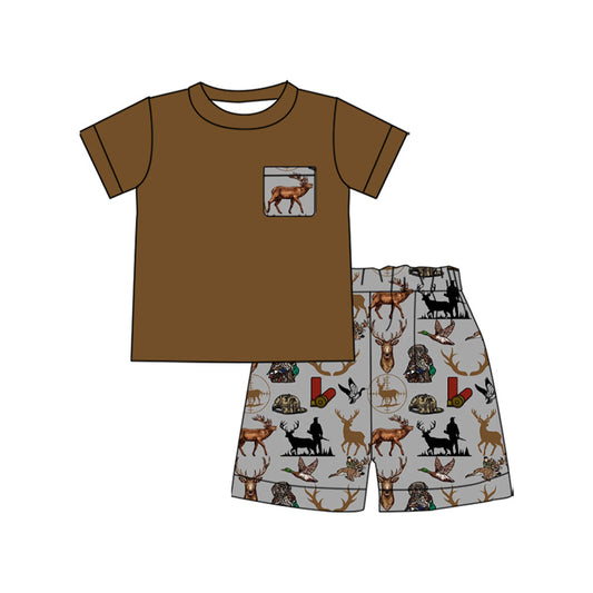 ( Moq 5 ) Preorder Baby Boys Short Sleeves Deer Pocket Shirt Shorts Hunting Clothes Set